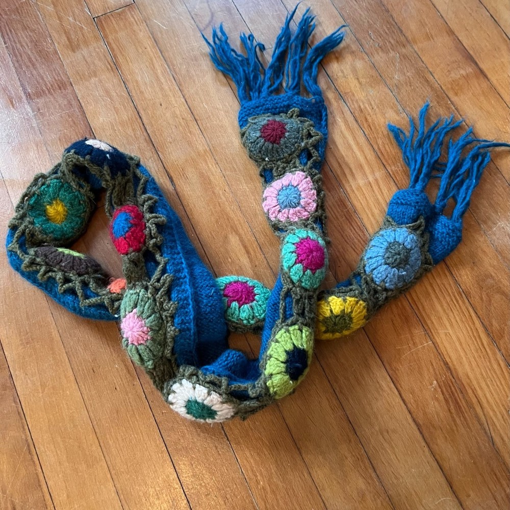 Rising Tide hand woven wool scarf floral knit hand made wrap around scarf